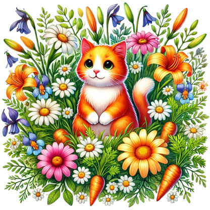 Cat In The Flowers - Full Round Drill Diamond Painting 40*40CM