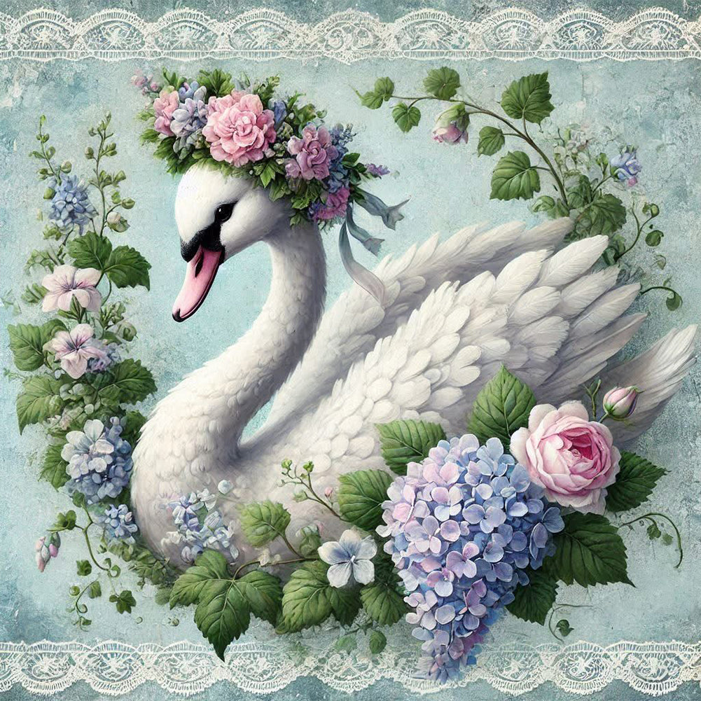 White Swans In Flowers - Full Round Drill Diamond Painting 40*40CM