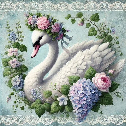 White Swans In Flowers - Full Round Drill Diamond Painting 40*40CM