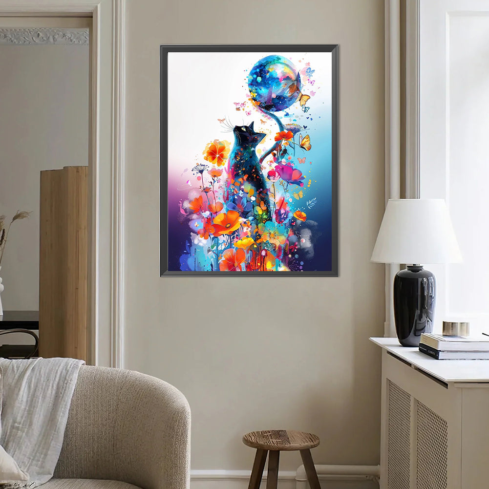 Black Cats In Flowers - Full Round Drill Diamond Painting 40*50CM