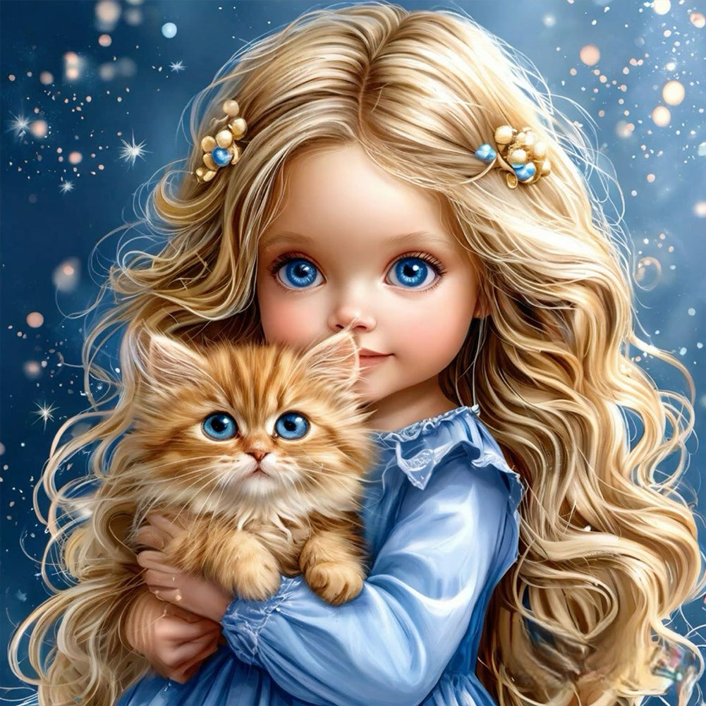 Girl And Cat - Full Round Drill Diamond Painting 40*40CM