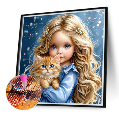 Girl And Cat - Full Round Drill Diamond Painting 40*40CM