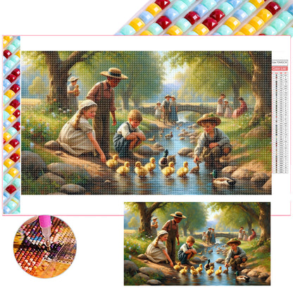 Children Playing With Ducks By The Stream - Full Square Drill Diamond Painting 70*40CM