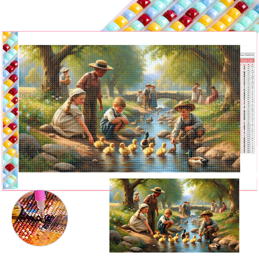 Children Playing With Ducks By The Stream - Full Square Drill Diamond Painting 70*40CM