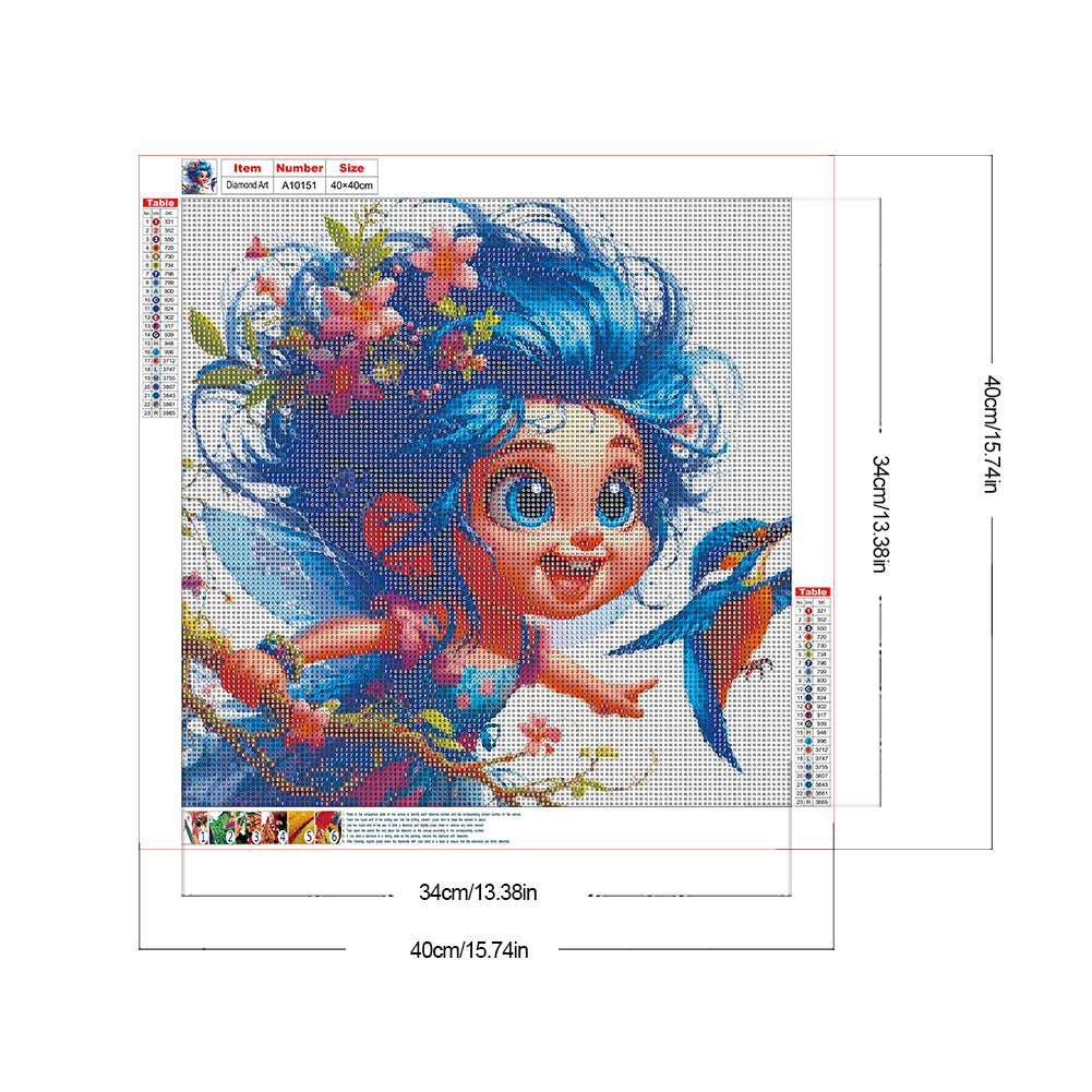 Blue-Haired Elf Girl And Hummingbird - Full Round Drill Diamond Painting 40*40CM