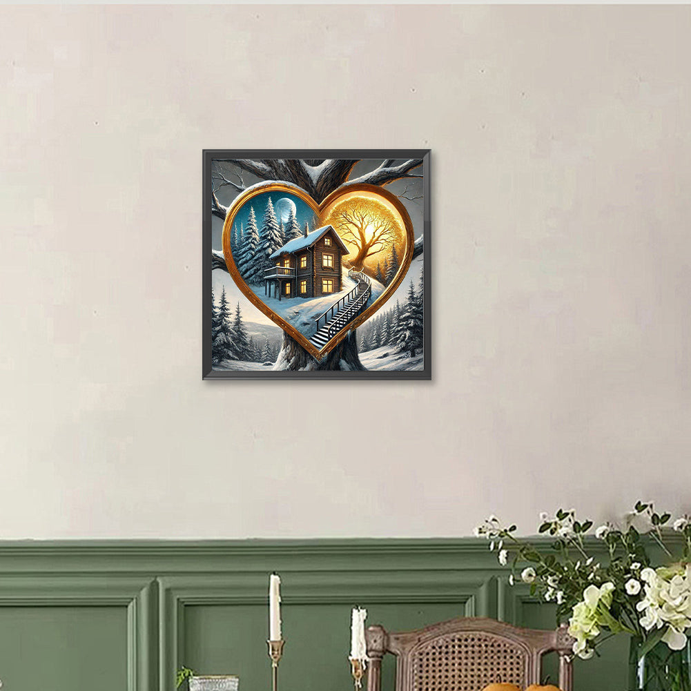 Love Tree Hole, Snowy Night, House - Full Round Drill Diamond Painting 40*40CM