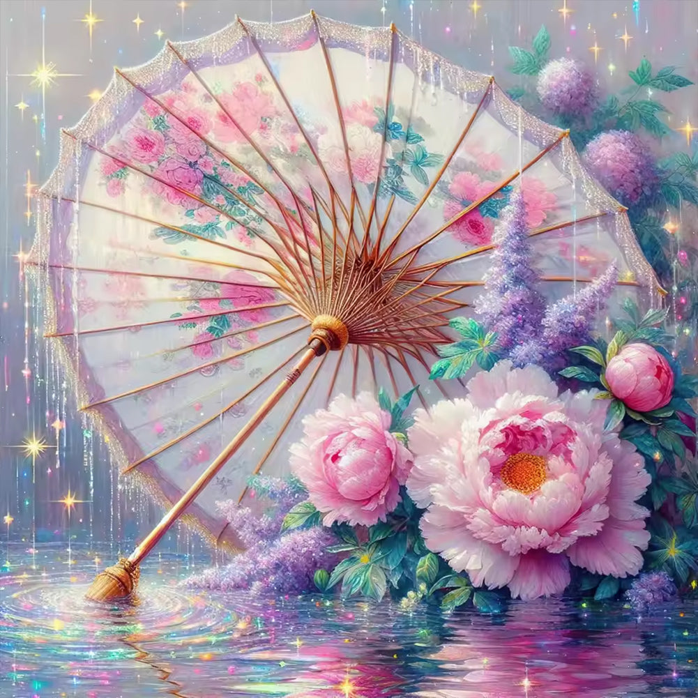 Peony Flower, Oil-Paper Umbrella - Full Round Drill Diamond Painting 40*40CM