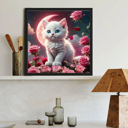 Blood Moon, White Cat - Full Round Drill Diamond Painting 40*40CM