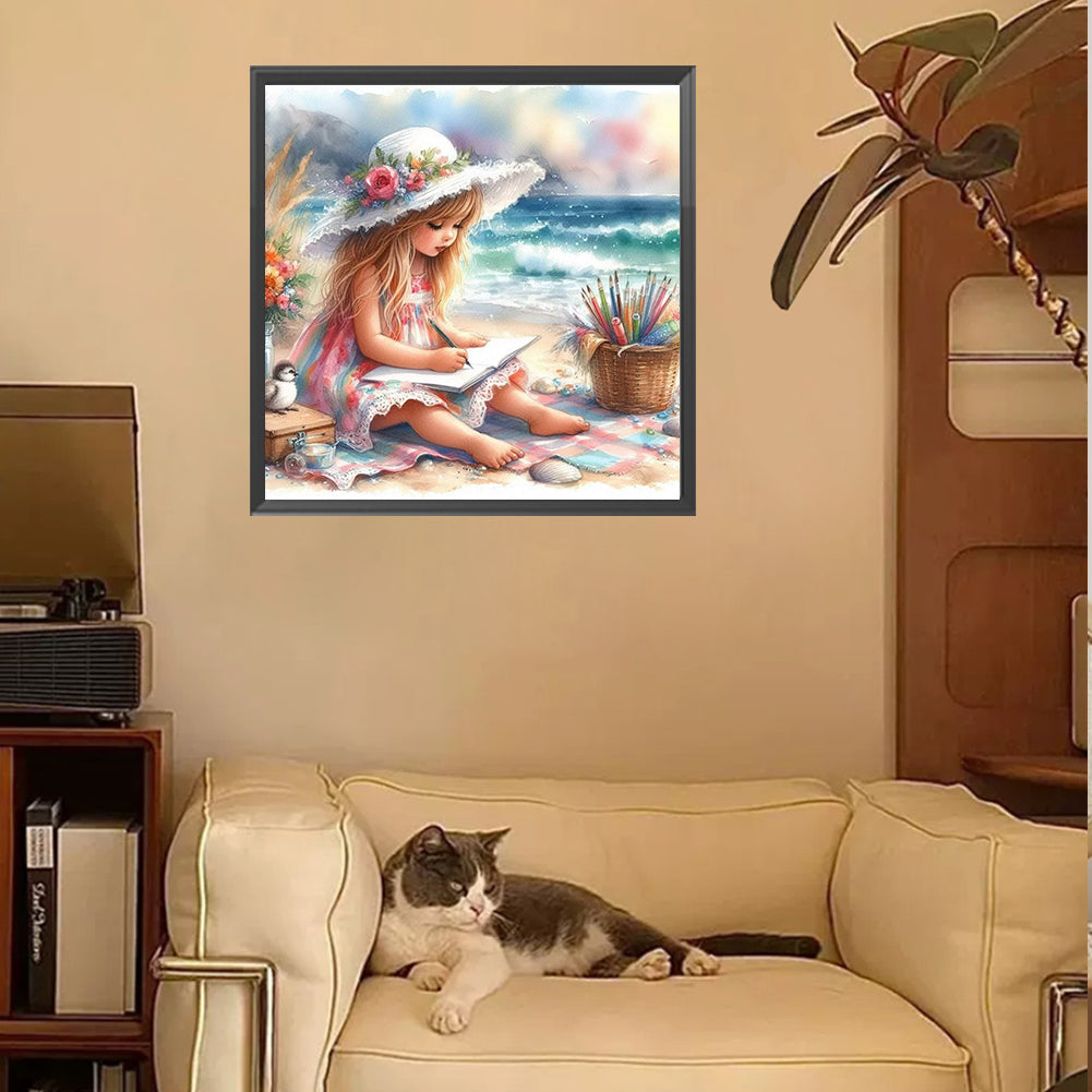 Little Girl Playing On The Beach In Summer - Full Square Drill Diamond Painting 30*30CM