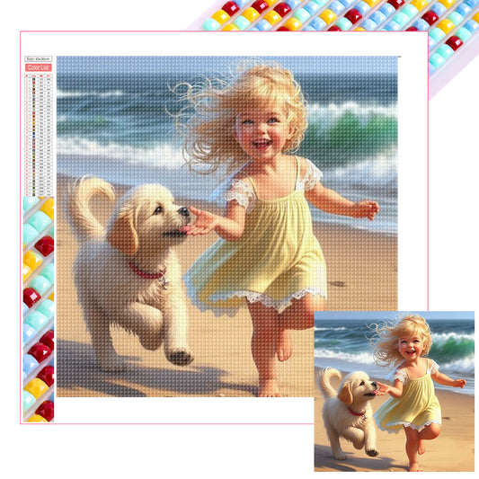 Little Girl Playing On The Beach In Summer - Full Square Drill Diamond Painting 30*30CM