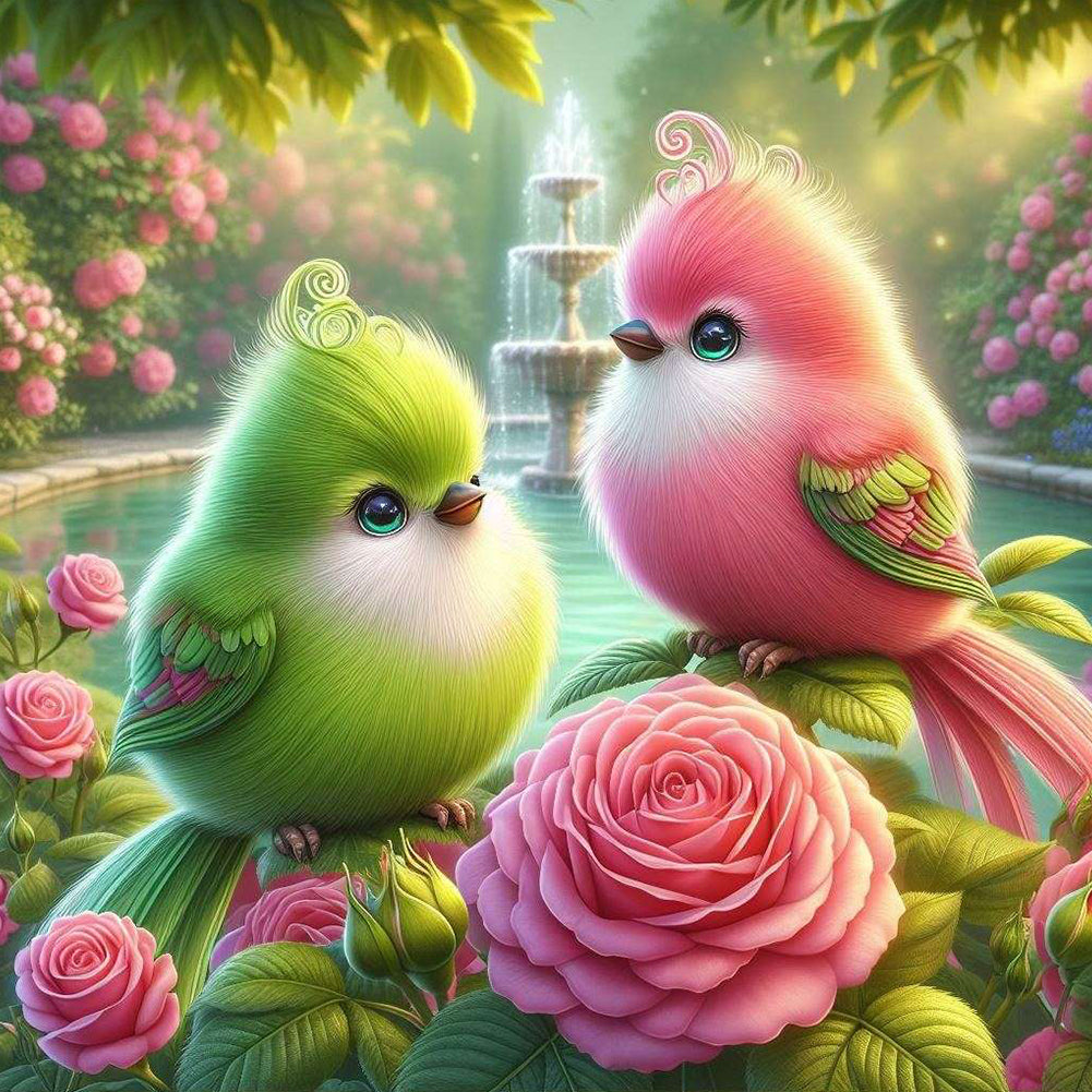 Green And Pink Bird In The Fountain Flower Forest - Full Round Drill Diamond Painting 40*40CM