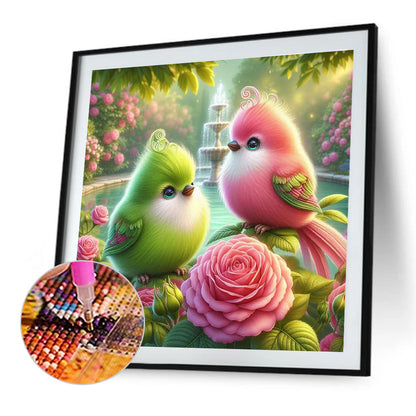 Green And Pink Bird In The Fountain Flower Forest - Full Round Drill Diamond Painting 40*40CM
