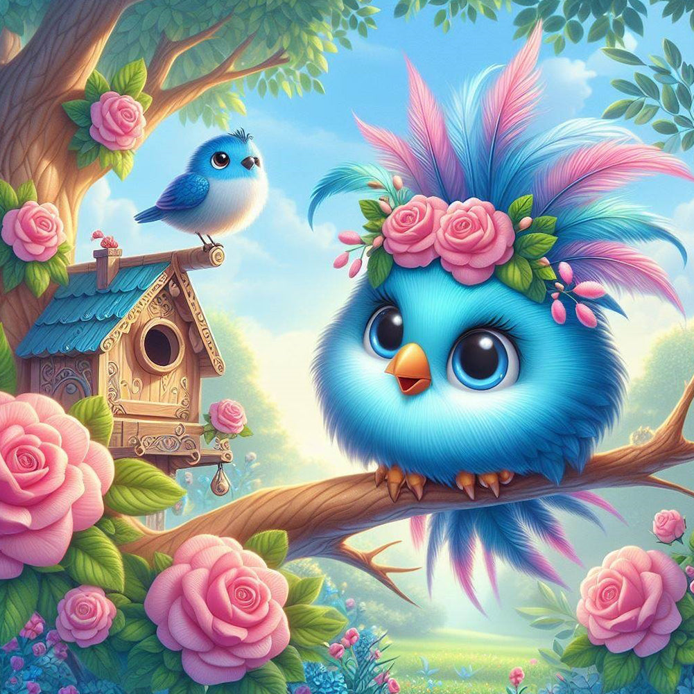 Big-Eyed Bird With Rose On The Branch - Full Round Drill Diamond Painting 40*40CM