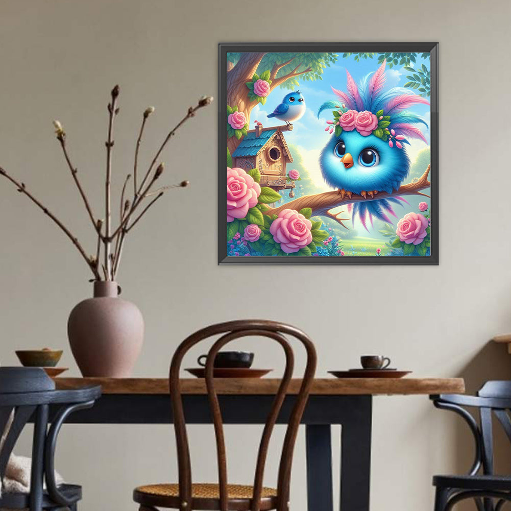Big-Eyed Bird With Rose On The Branch - Full Round Drill Diamond Painting 40*40CM