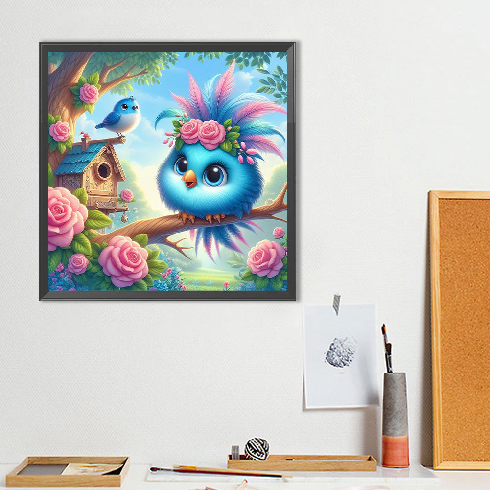 Big-Eyed Bird With Rose On The Branch - Full Round Drill Diamond Painting 40*40CM