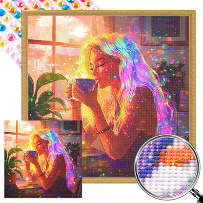 Girl With Cozy Afternoon Tea - Full AB Round Drill Diamond Painting 40*40CM