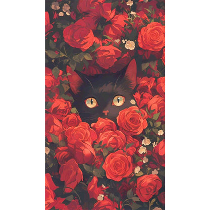Black Cat In The Red Rose Bush - Full AB Round Drill Diamond Painting 40*70CM