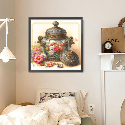 Glass Jars And Flowers - Full Round Drill Diamond Painting 30*30CM