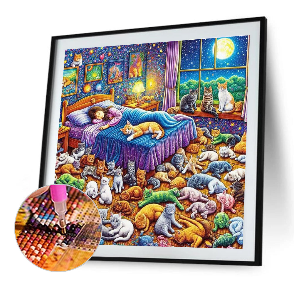 Girl And Cats - Full Round Drill Diamond Painting 40*40CM