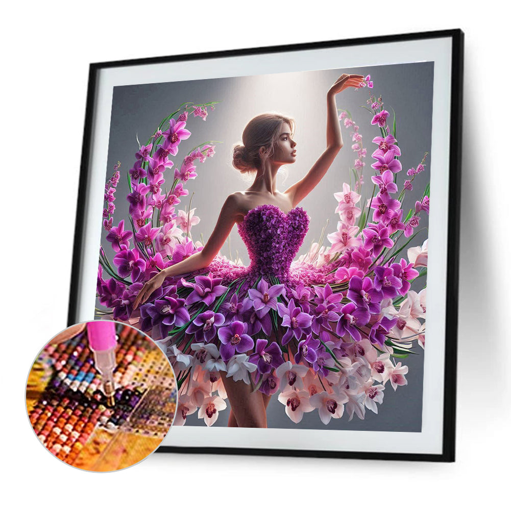 Girl With Flower Skirt - Full Round Drill Diamond Painting 40*40CM