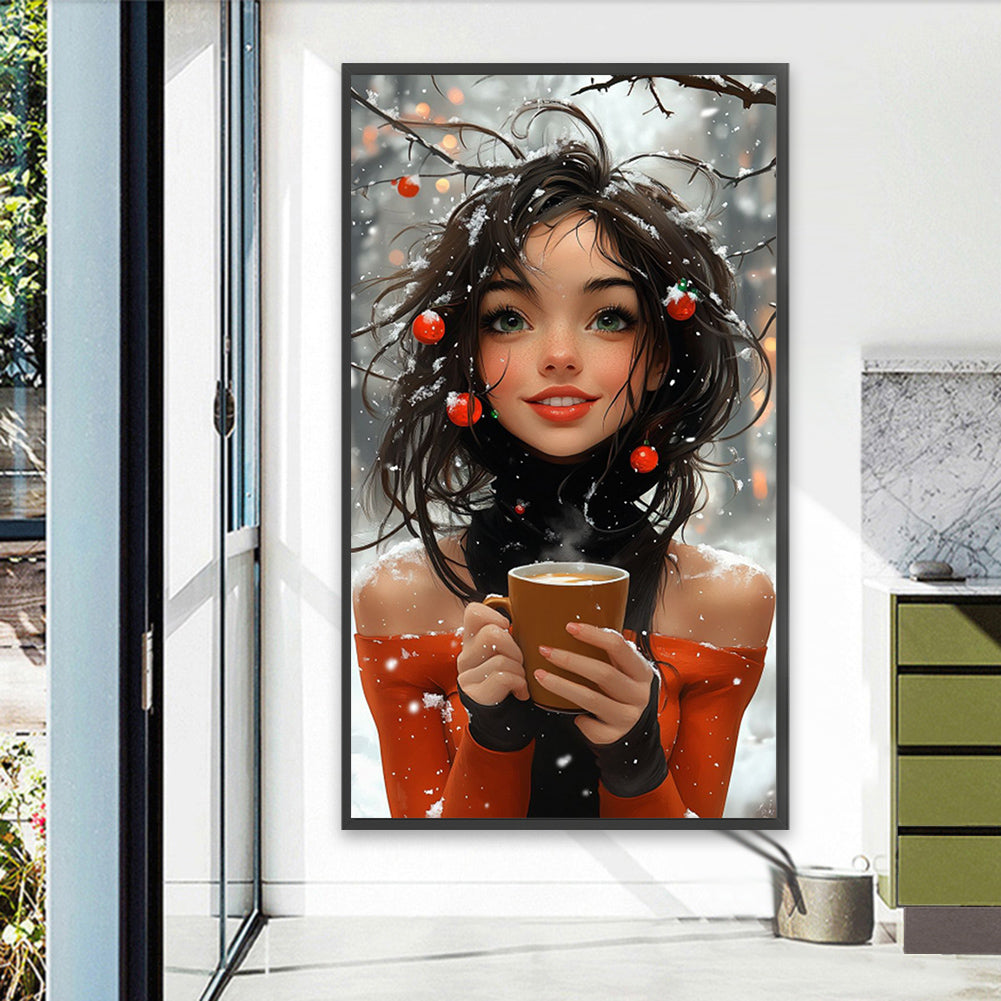 Girl Drinking Coffee In The Snow - Full AB Round Drill Diamond Painting 40*70CM