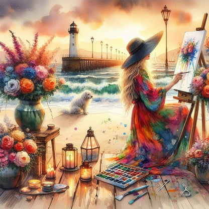 Girl Painting On The Seaside - Full Round Drill Diamond Painting 40*40CM