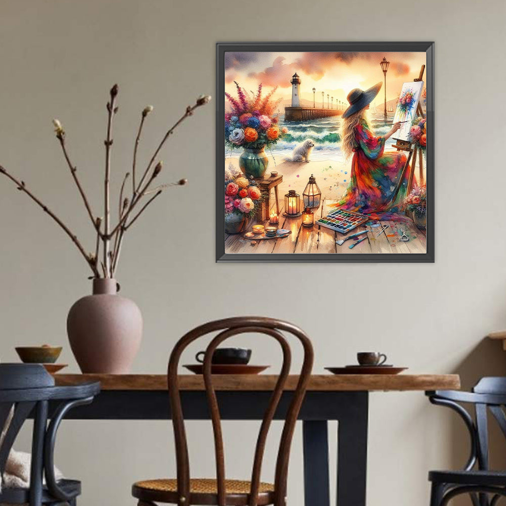 Girl Painting On The Seaside - Full Round Drill Diamond Painting 40*40CM