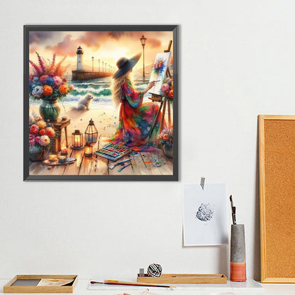 Girl Painting On The Seaside - Full Round Drill Diamond Painting 40*40CM