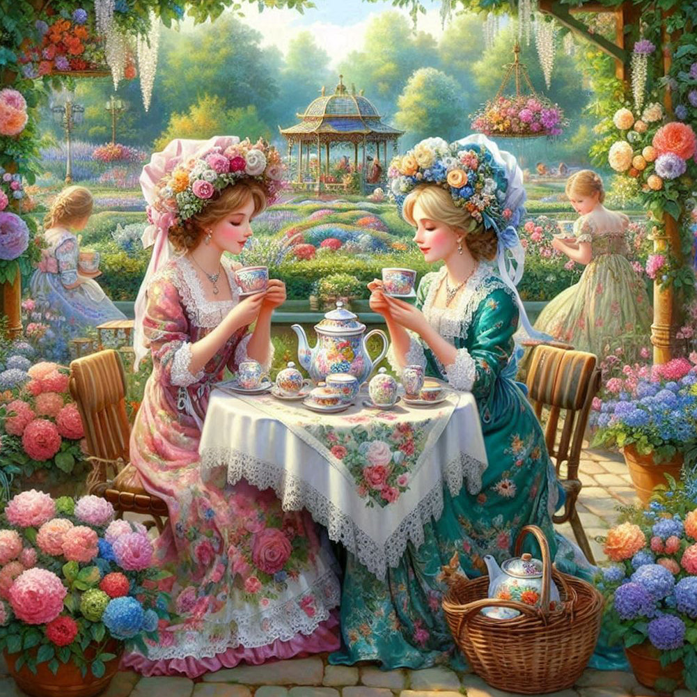 Girl Drinking Tea In The Garden - Full Round Drill Diamond Painting 40*40CM