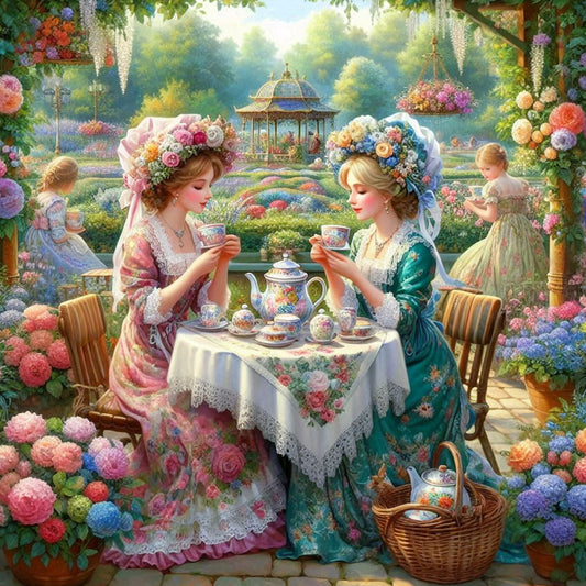 Girl Drinking Tea In The Garden - Full Round Drill Diamond Painting 40*40CM