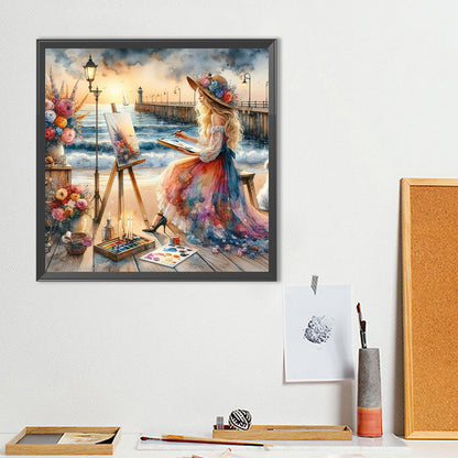 Girl Painting On The Seaside - Full Round Drill Diamond Painting 40*40CM