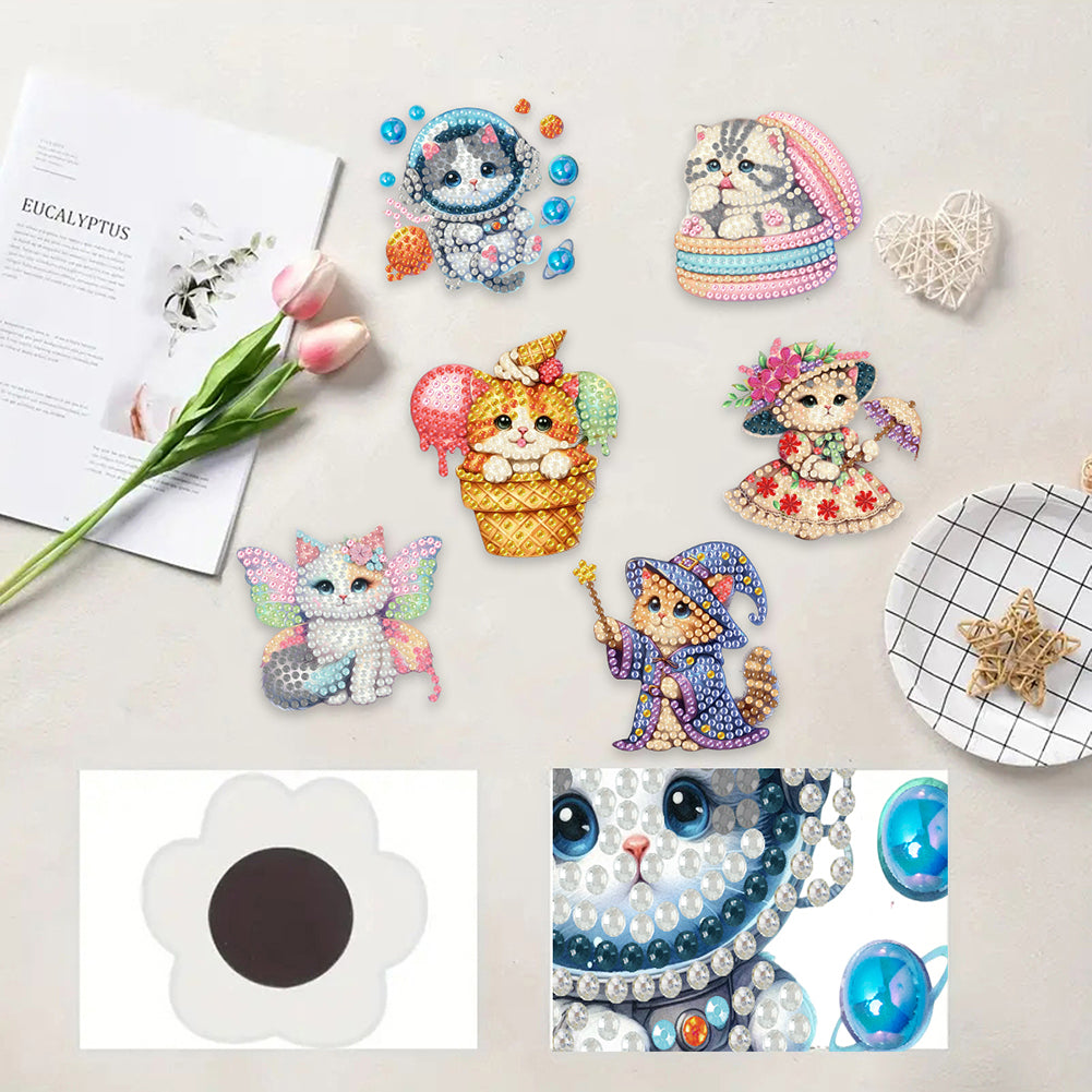 6Pcs Acrylic Cats Diamond Art Fridge Magnet Diamond Painting Refrigerator Magnet