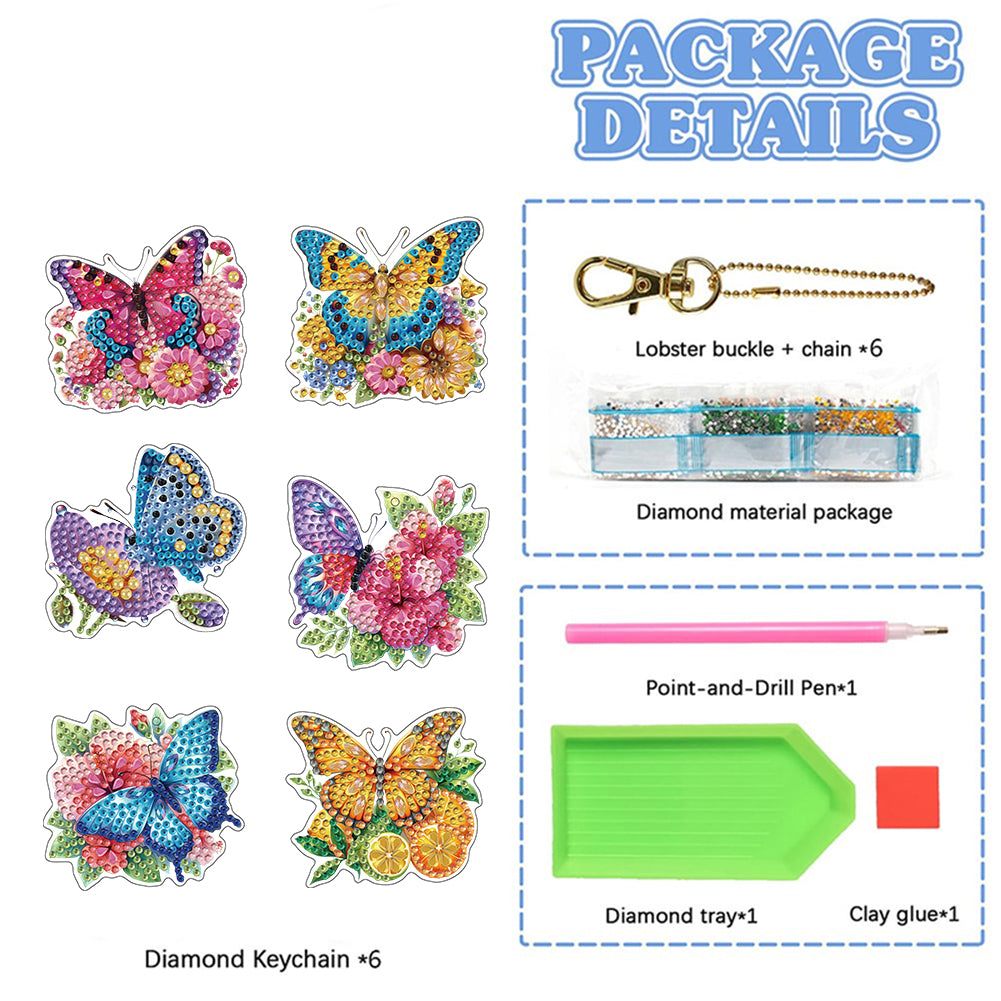 6Pcs Double Sided Special Shaped Beautiful Pattern Full Drill Keyring for Adults