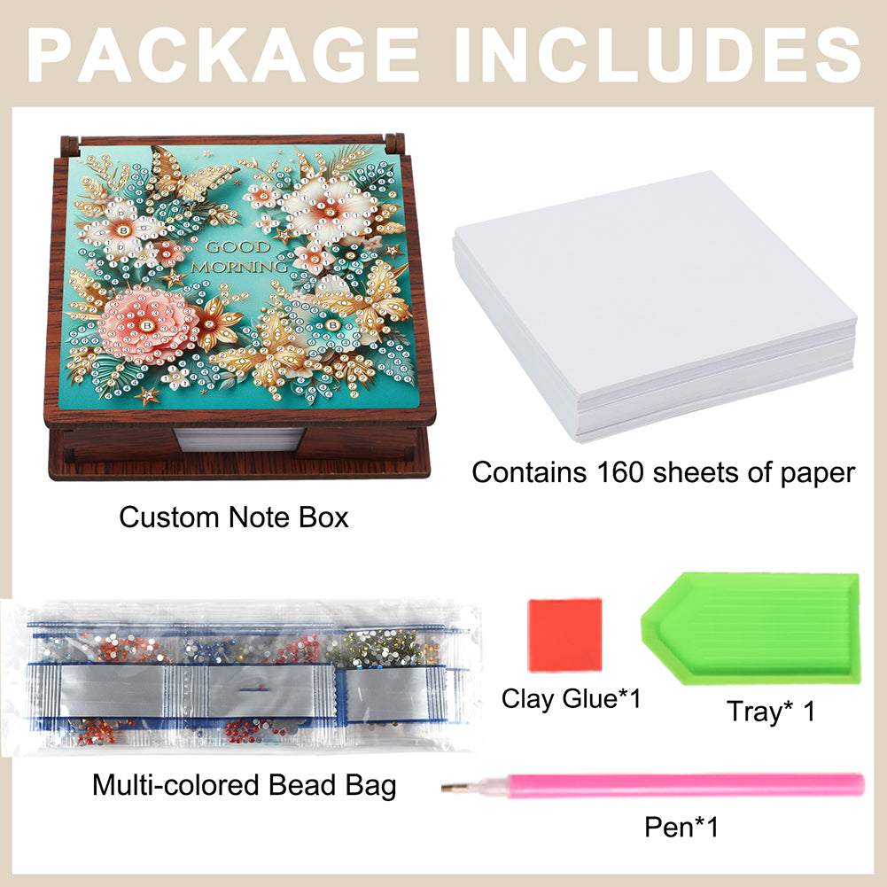 Wooden 5D Diamond Painting Kit Note Box with 160 Sheets Diamond Art Notepad Box