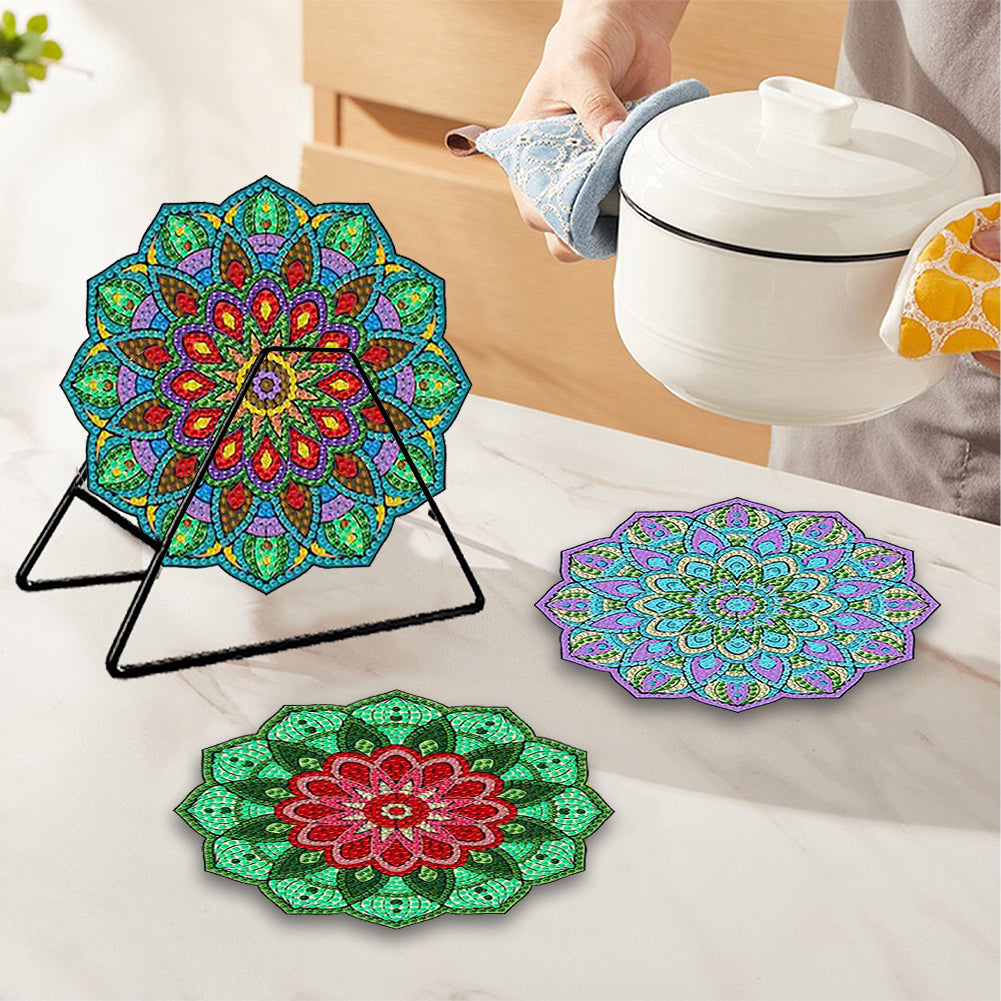 4 Pcs Wooden Diamond Painting Placemats with Holder Round Diamond Art Table Mats