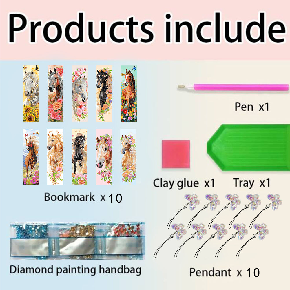 10 Pcs Special Shape Horse Diamond Painting Bookmarks for Adults DIY Art Craft
