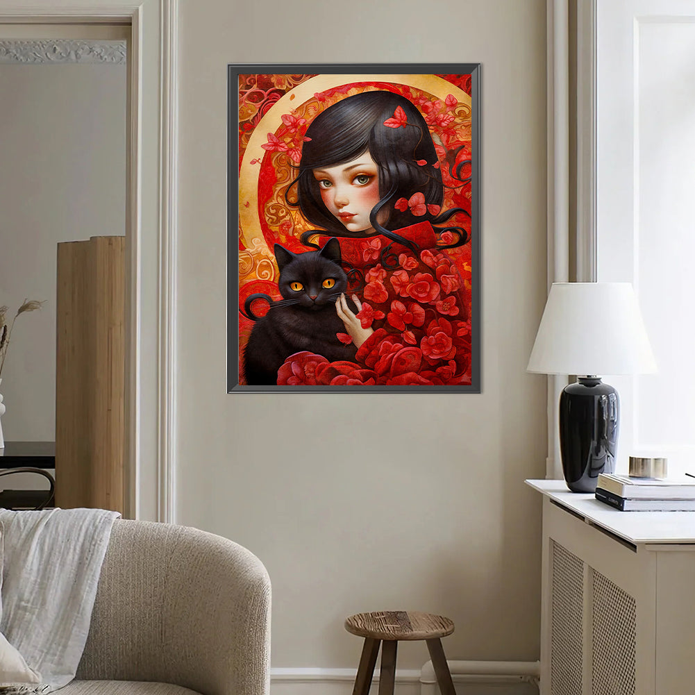 Girl And Cat - Full Round Drill Diamond Painting 40*50CM