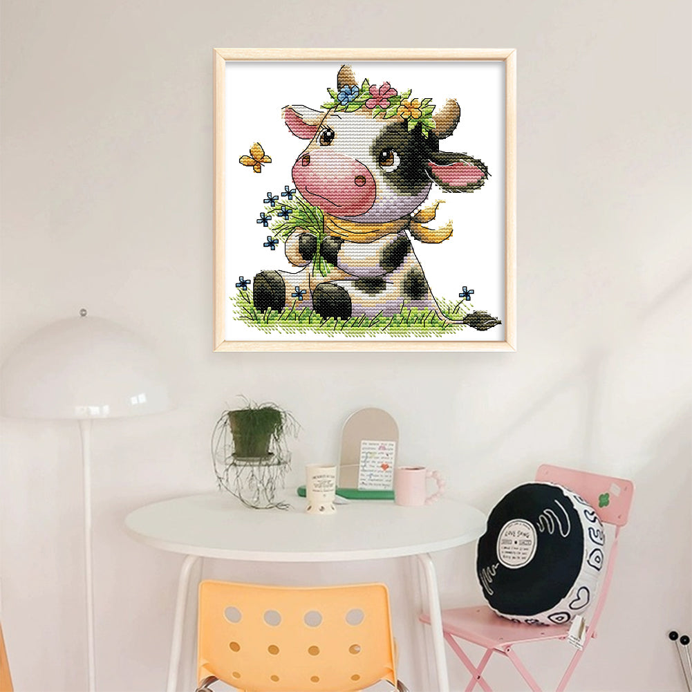 Cute Little Cow - 14CT Stamped Cross Stitch 19*20CM(Joy Sunday)
