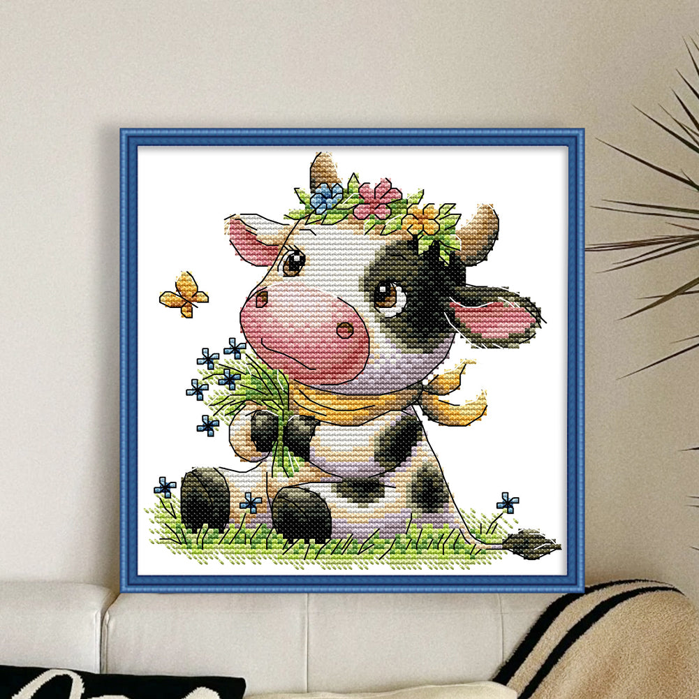 Cute Little Cow - 14CT Stamped Cross Stitch 19*20CM(Joy Sunday)