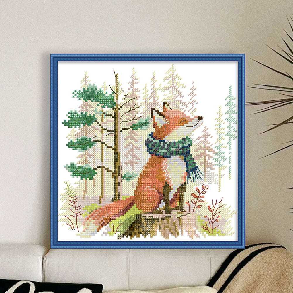 Little Fox In Scarf - 14CT Stamped Cross Stitch 21*21CM(Joy Sunday)