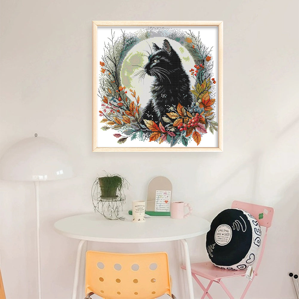 Autumn Night Black Cat - 14CT Stamped Cross Stitch 35*35CM(Joy Sunday)