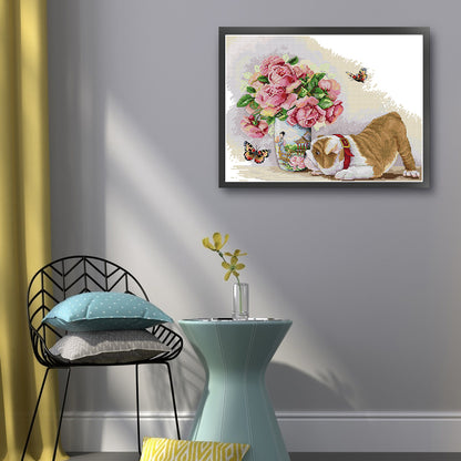 Pug And Butterfly - 14CT Stamped Cross Stitch 45*35CM(Joy Sunday)
