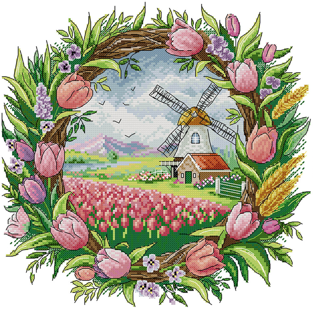 Spring Scene In Wreath - 14CT Stamped Cross Stitch 35*35CM(Joy Sunday)