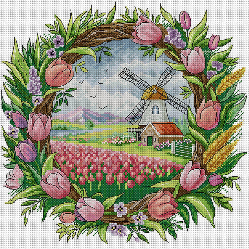 Spring Scene In Wreath - 14CT Stamped Cross Stitch 35*35CM(Joy Sunday)
