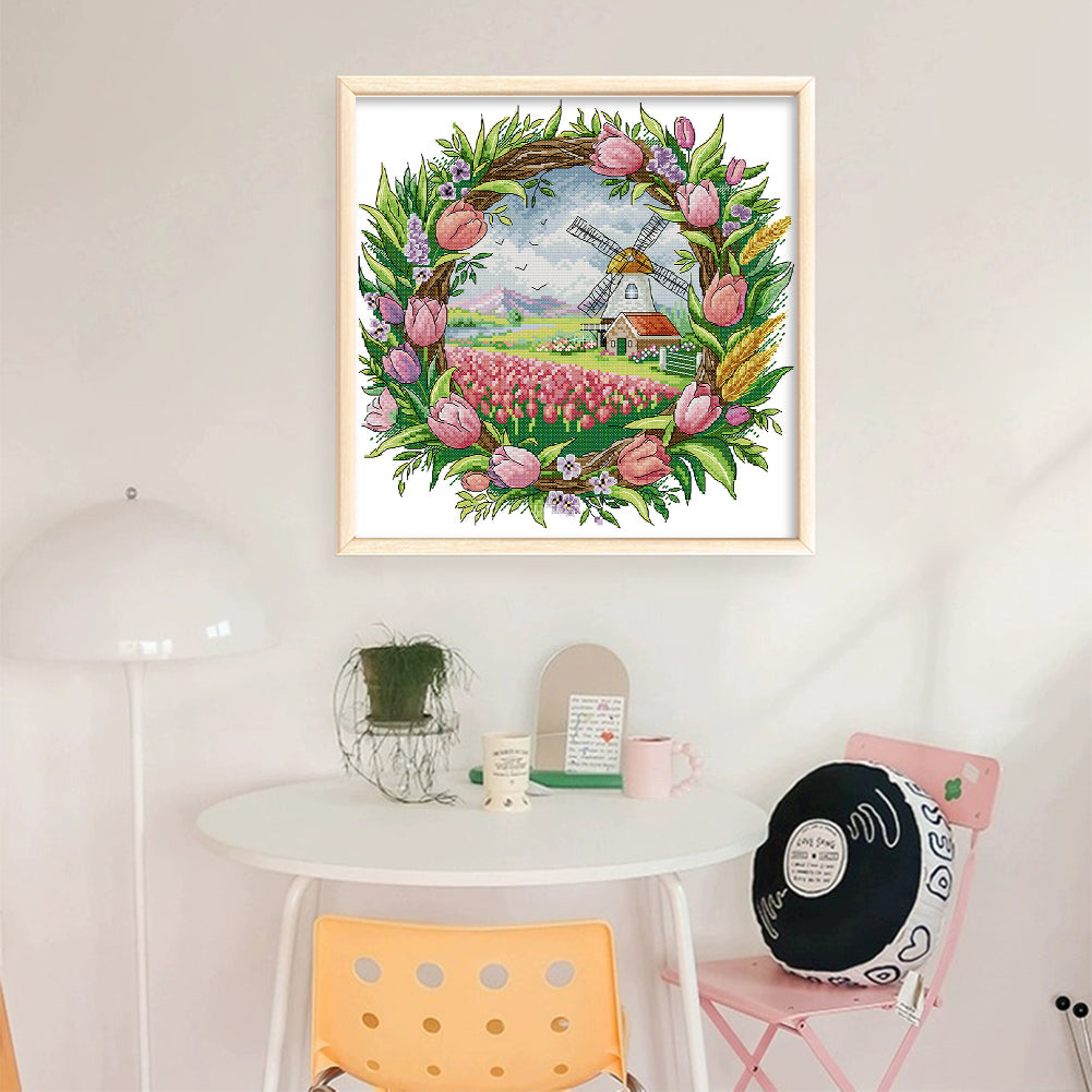 Spring Scene In Wreath - 14CT Stamped Cross Stitch 35*35CM(Joy Sunday)