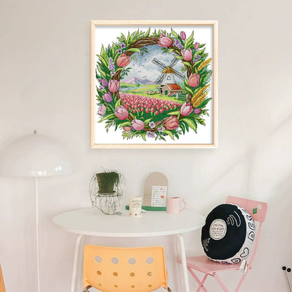 Spring Scene In Wreath - 14CT Stamped Cross Stitch 35*35CM(Joy Sunday)