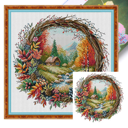 Autumn Scene In Wreath - 14CT Stamped Cross Stitch 36*35CM(Joy Sunday)