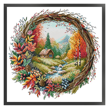 Autumn Scene In Wreath - 14CT Stamped Cross Stitch 36*35CM(Joy Sunday)