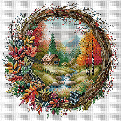 Autumn Scene In Wreath - 14CT Stamped Cross Stitch 36*35CM(Joy Sunday)