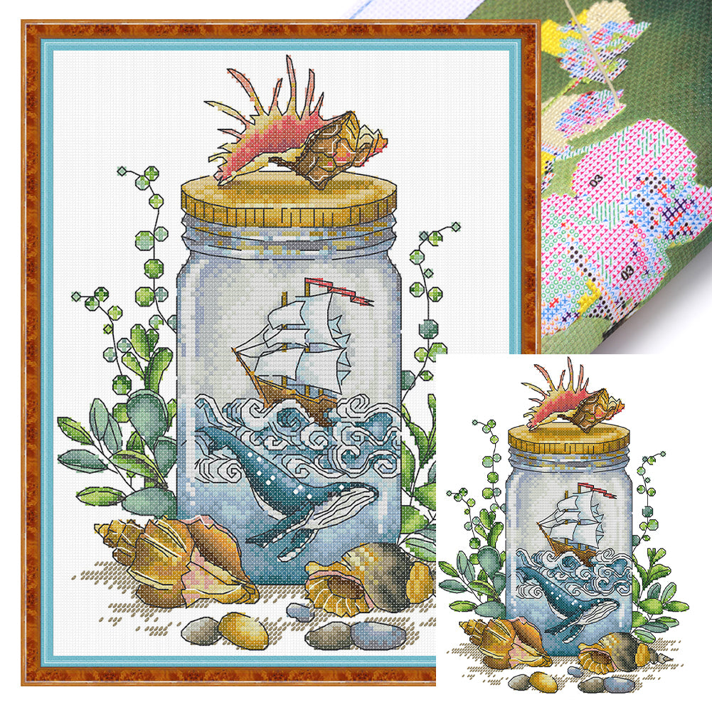 Sail In The Bottle Boat - 14CT Stamped Cross Stitch 23*31CM(Joy Sunday)
